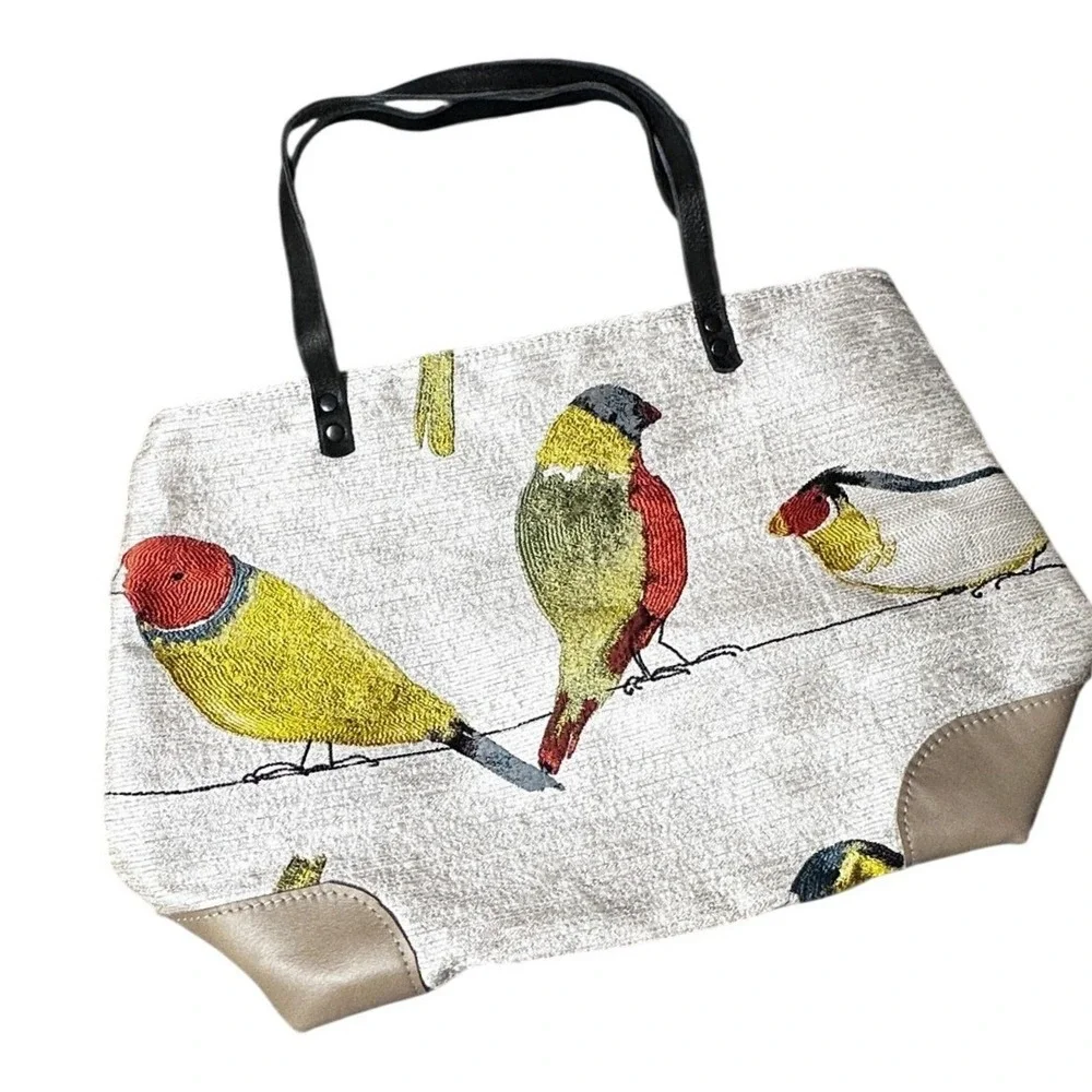HandMade Bird Tapestry Tote Bag Womens Large Tan Embroidered Finch Design‎